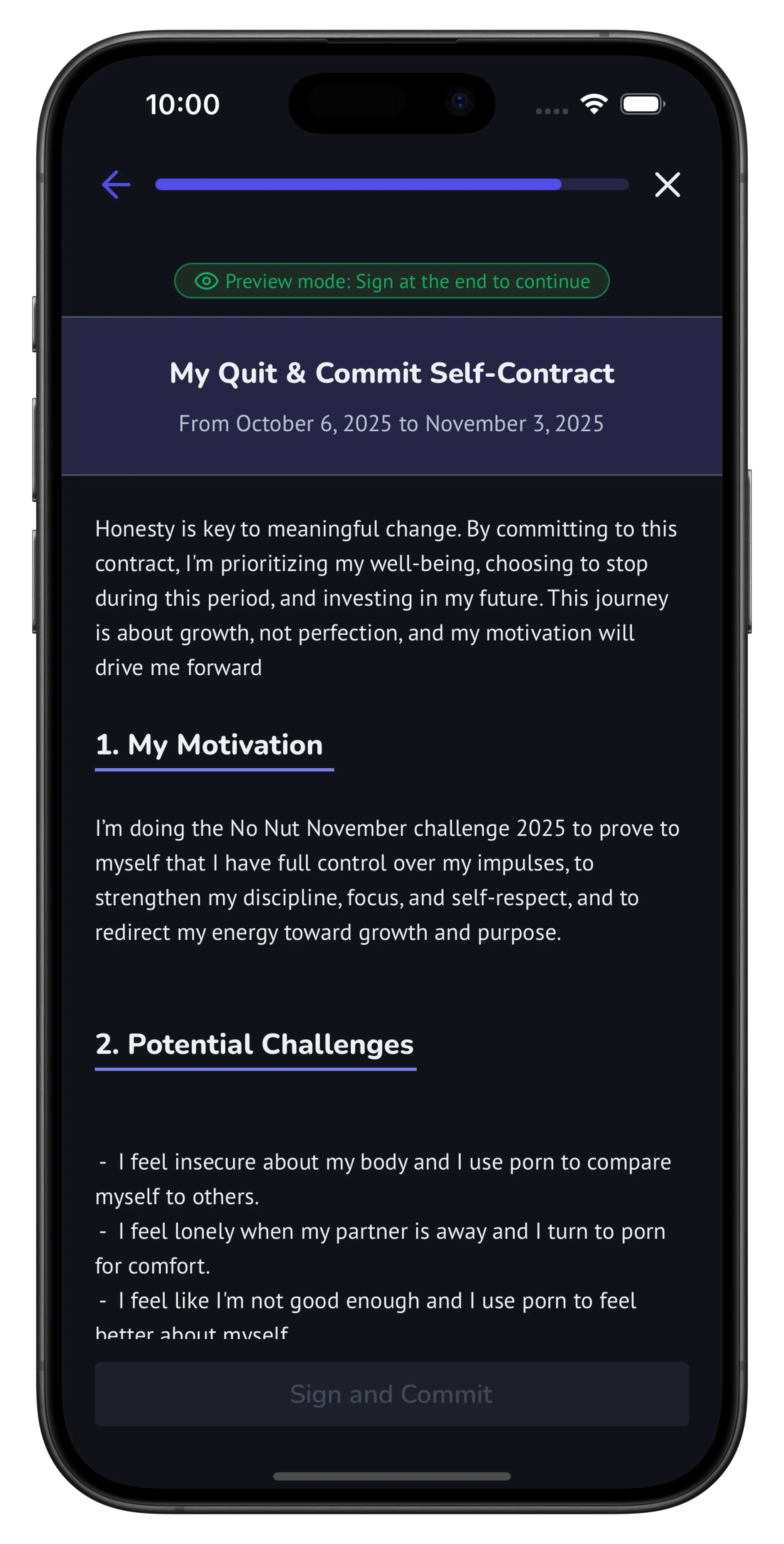 TrueAlly self-contract screen titled My Quit & Commit Self-Contract, with sections for motivation and potential challenges.